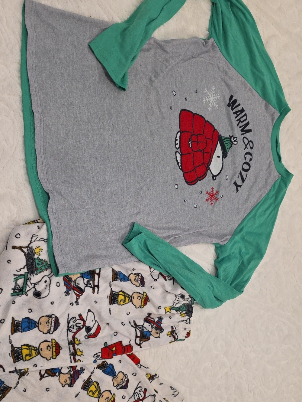 Peanuts Grey and Green  'Warm & Cozy' Pajama Set
